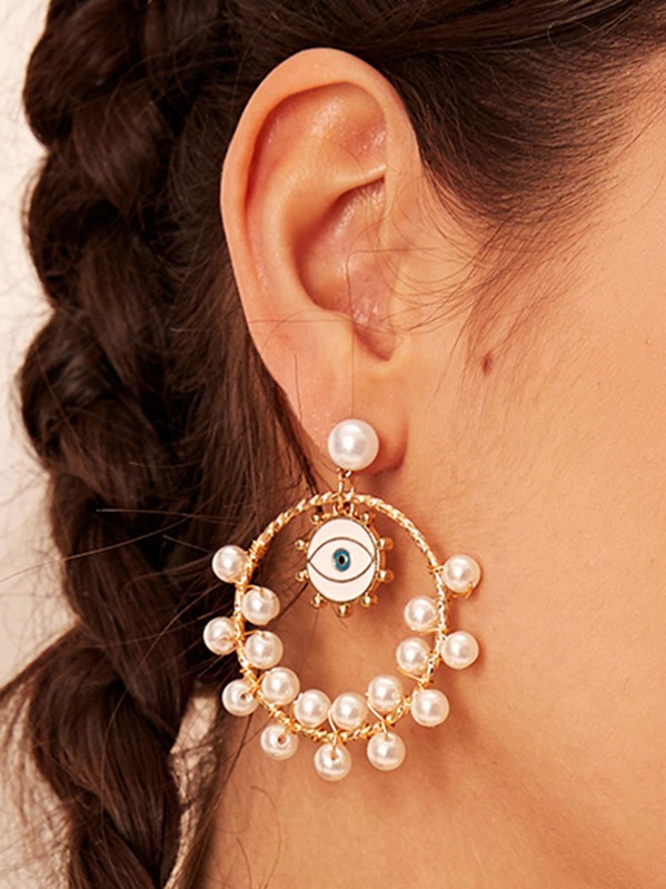 

1pair Eye Charm Faux Pearl Decor Round Drop Earrings, White