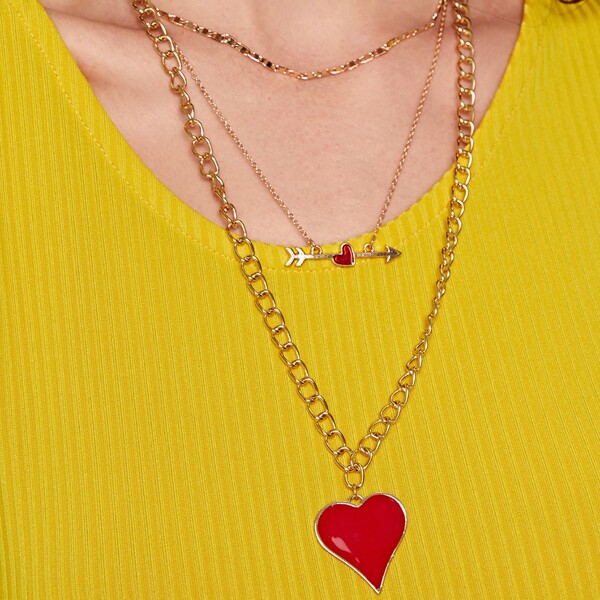 

1pc Arrow & Heart Charm Layered Chain Necklace, Gold