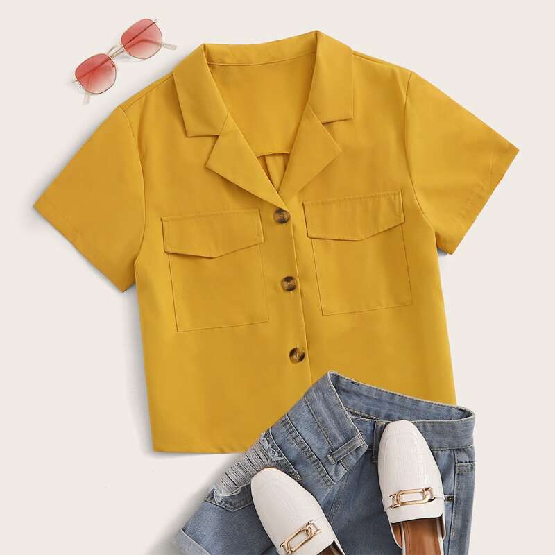 Lapel Neck Button Through Blouse, Yellow