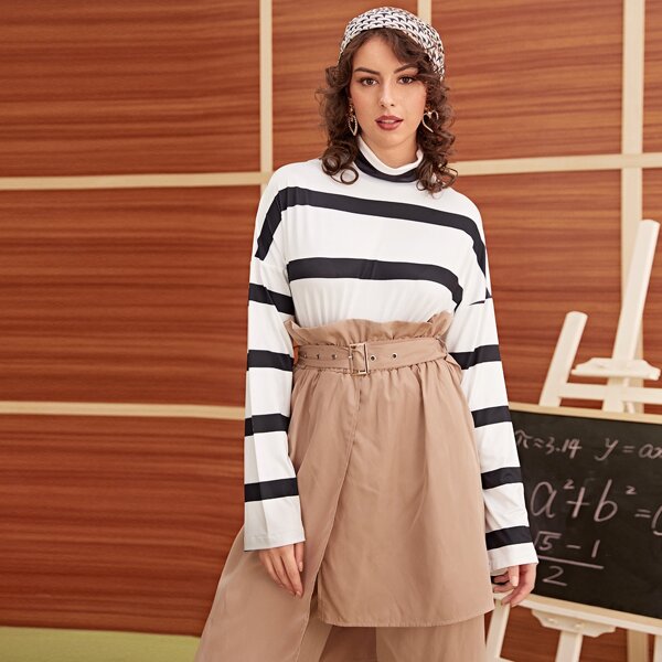 

Striped Color-block Drop Shoulder Tee, Black and white
