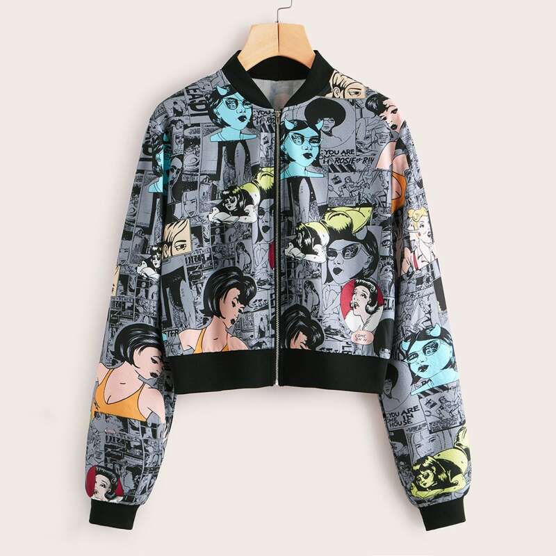 

Figure Graphic Crop Bomber Jacket, Multicolor