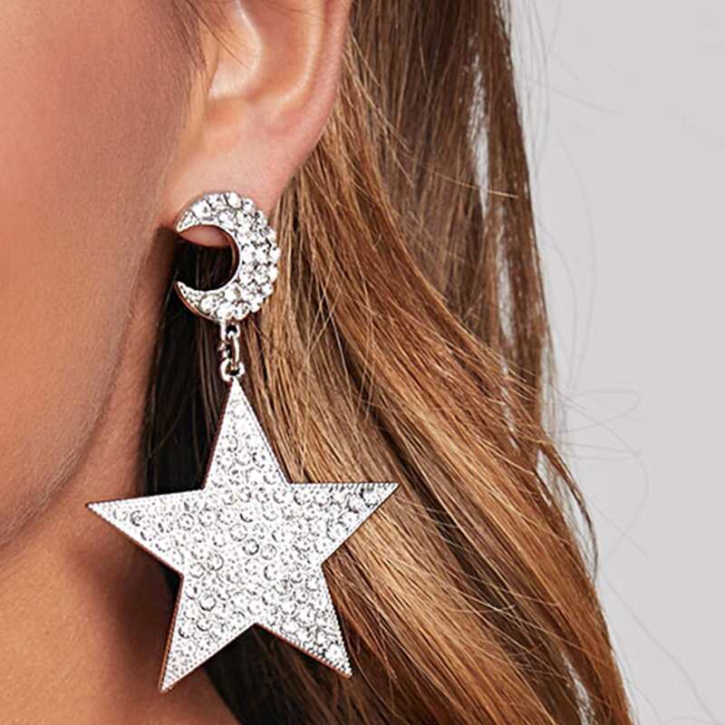 

1pair Rhinestone Engraved Star & Moon Drop Earrings, Silver