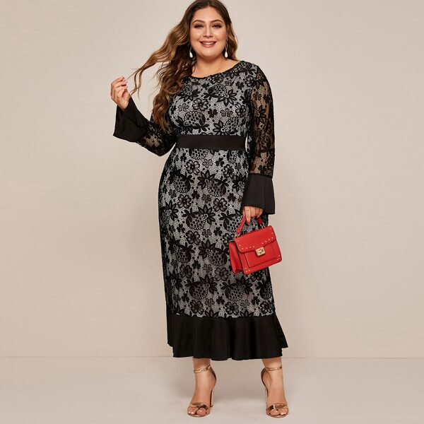 

Plus Floral Mesh Overlay Flounce Hem Dress, Black