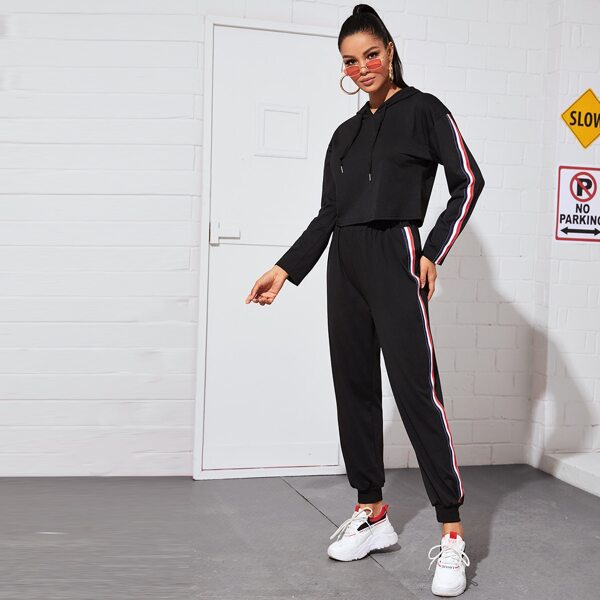 

Contrast Striped Drawstring Hoodie & Pants Set, Black