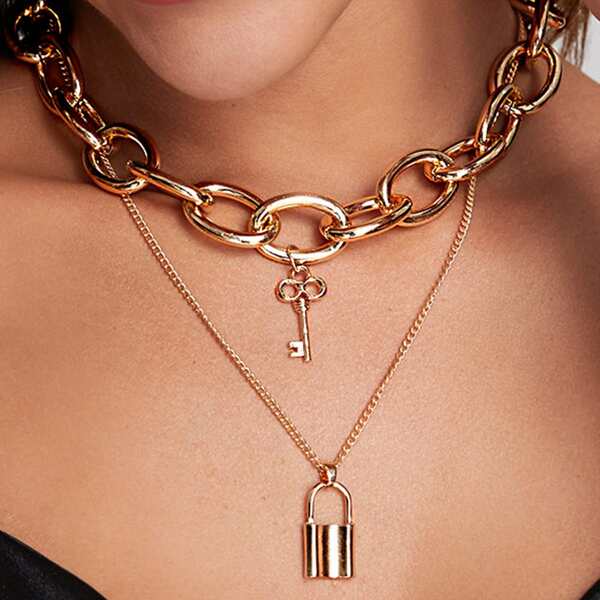 

2pcs Lock & Key Charm Chain Necklace, Gold