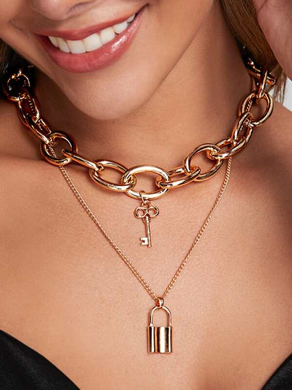

2pcs Lock & Key Charm Chain Necklace, Gold