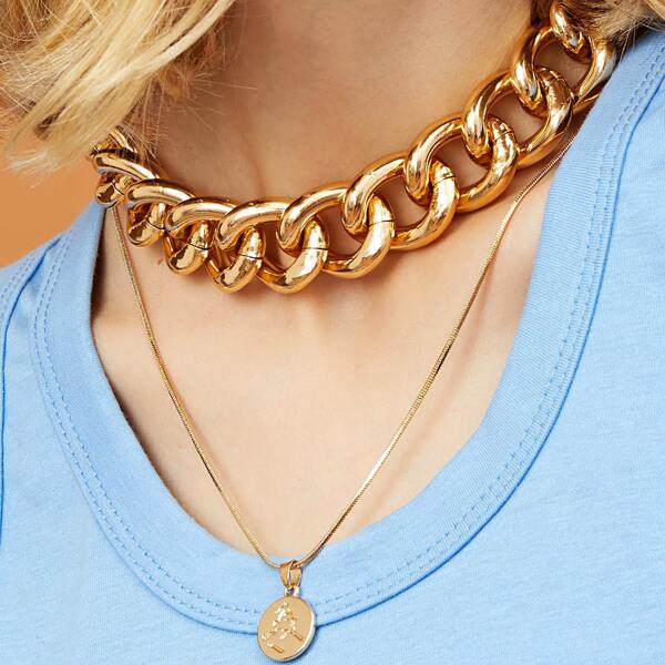 

2pcs Round Charm & Chain Necklace, Gold