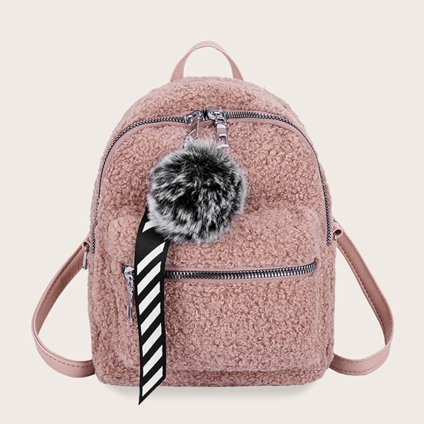 

Girls Pom Pom Decor Faux Shearling Backpack, Pink