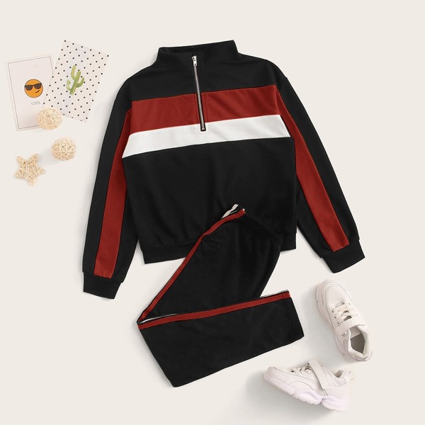 

Girls Colorblock Half Placket Pullover & Striped Side Pants Set, Black
