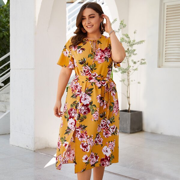 

Plus Floral Print Tie Front Split Belted Dress, Mustard yellow