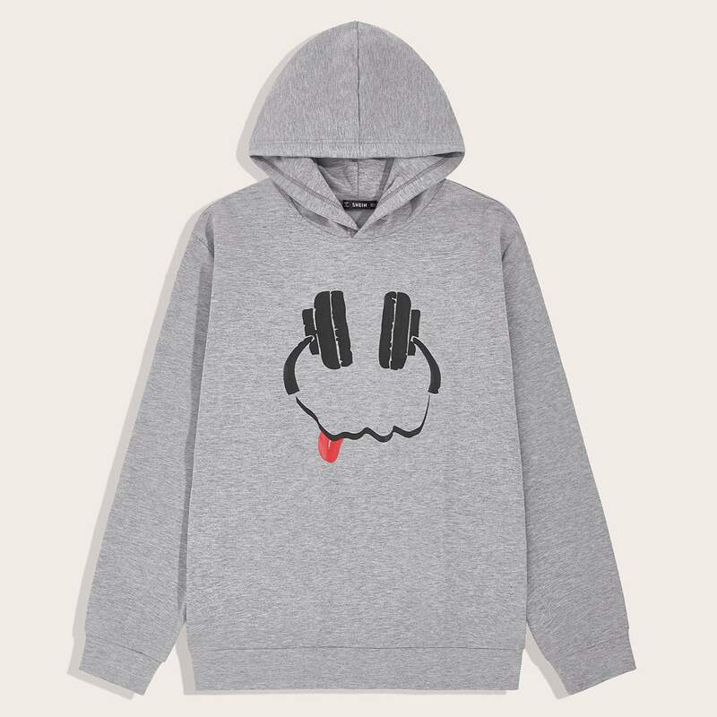Guys Graphic Print Hoodie, Grey