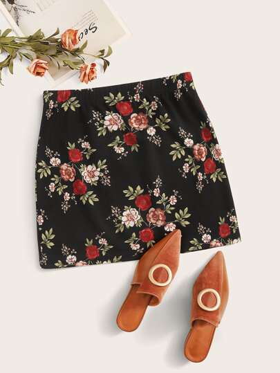 Plus Floral Print A-line Skirt