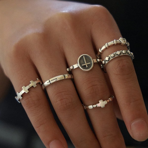 

6pcs Cross Cuff Rings, Silver