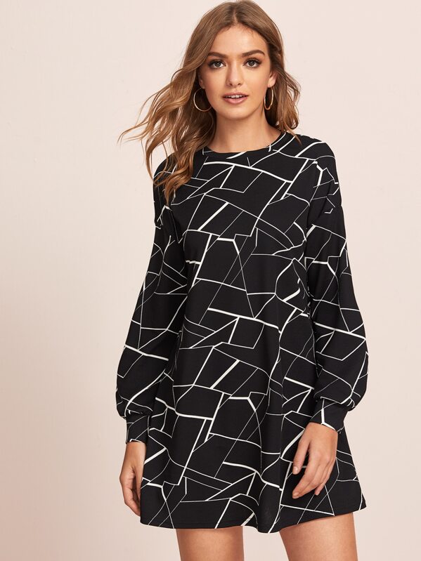 

Drop Shoulder Geo Print Dress, Black, Luiza