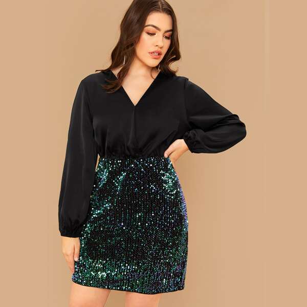 

Plus Satin Bodice Sequin Dress, Multicolor