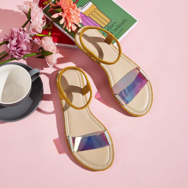 

Holographic Open Toe Ankle Strap Sandals, Yellow
