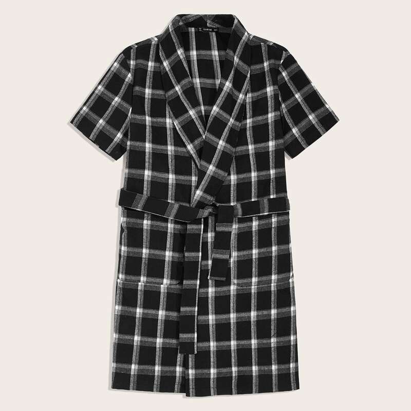 

Guys Shawl Collar Plaid Belted Robe, Black and white