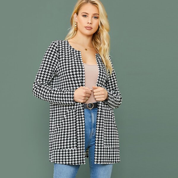 

Open Front Patch Pocket Houndstooth Coat, Black and white