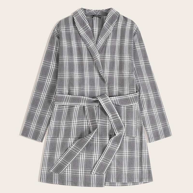 

Guys Shawl Collar Plaid Belted Robe, Grey