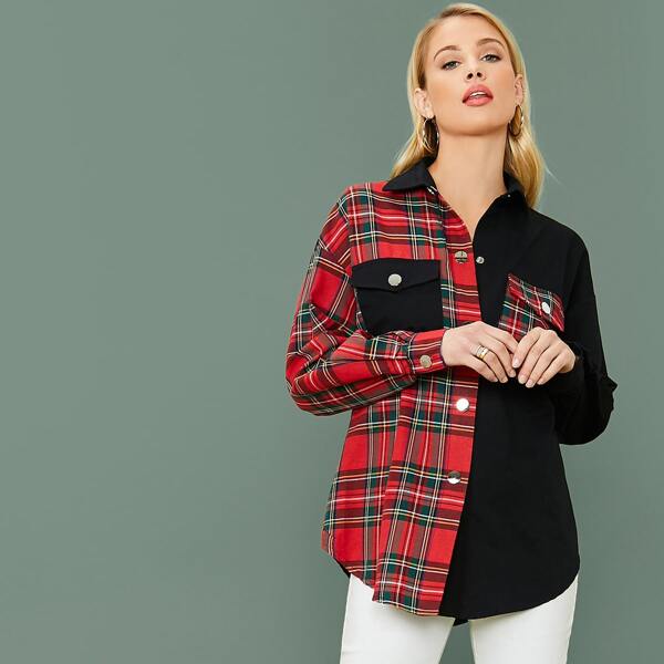

Collared Flap Pocket Front Tartan Panel Coat, Multicolor