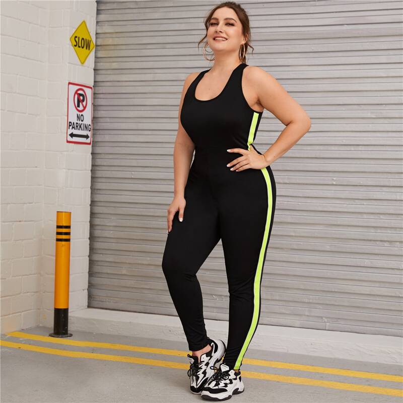 

Plus Contrast Panel Criss Cross Back Jumpsuit, Black