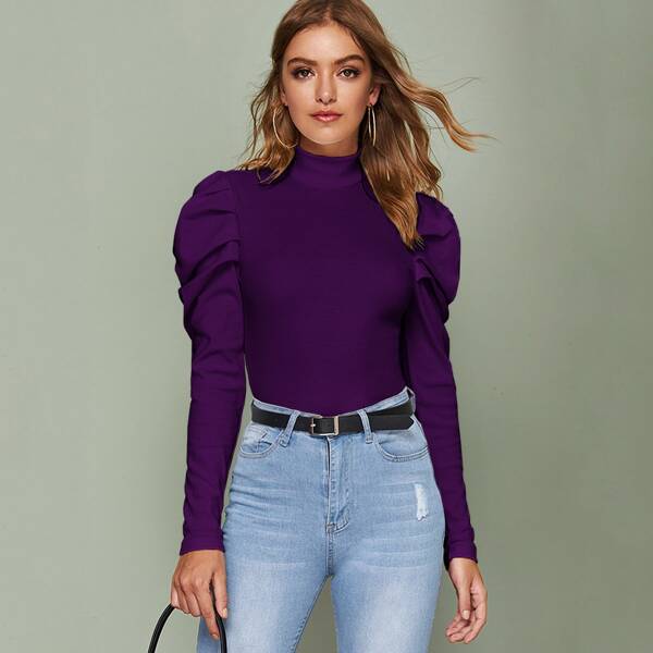 

Stand Collar Rib-knit Leg-of-mutton Sleeve Top, Purple