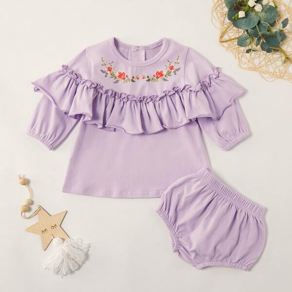 

Toddler Girls Floral Print Ruffle Tee With Shorts, Purple pastel