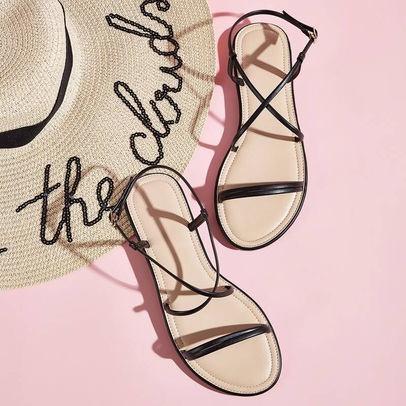 

Criss Cross Buckle Strap Flat Sandals, Black