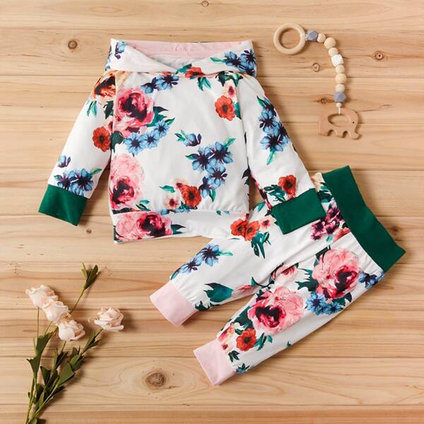 

Toddler Girls Contrast Panel Large Floral Hoodie With Sweatpants, Multicolor