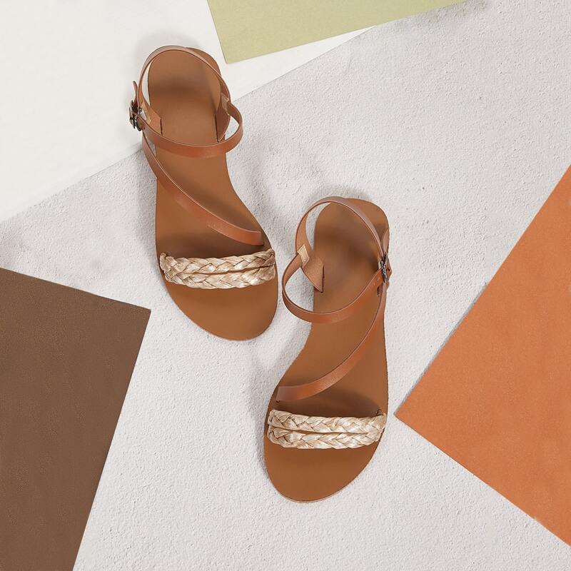 

Braided Strappy Ankle Strap Sandals, Brown
