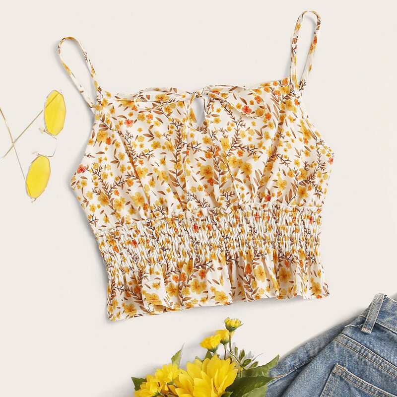 

Ditsy Floral Print Shirred Waist Cami Top, Multicolor