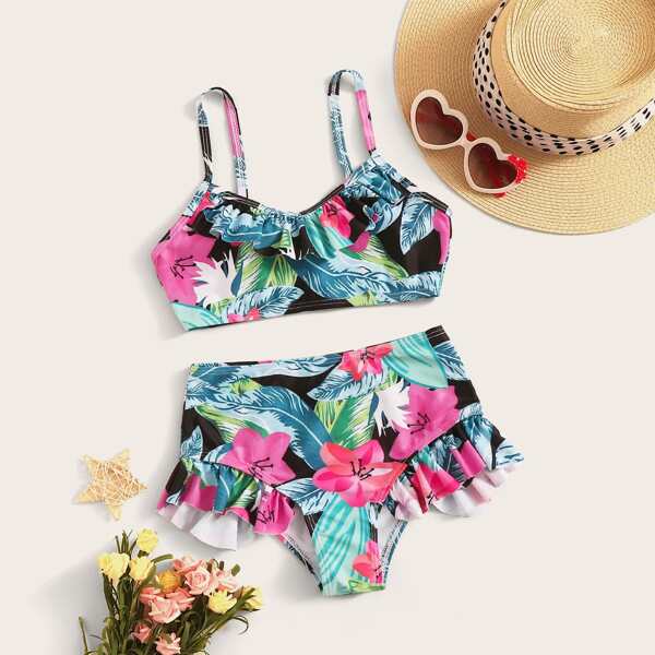 

Tropical Ruffle Trim Top With High Waist Bikini, Multicolor