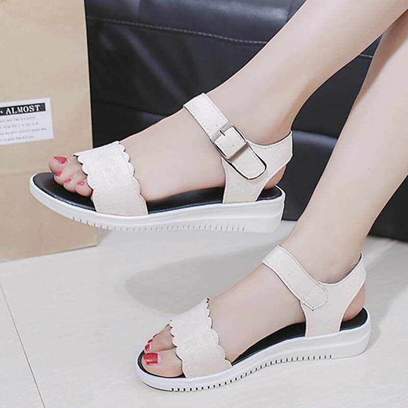 

Scalloped Trim Buckle Strap Sandals, White