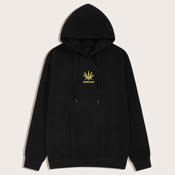 

Men Letter & Plants Print Drawstring Hoodie, Black
