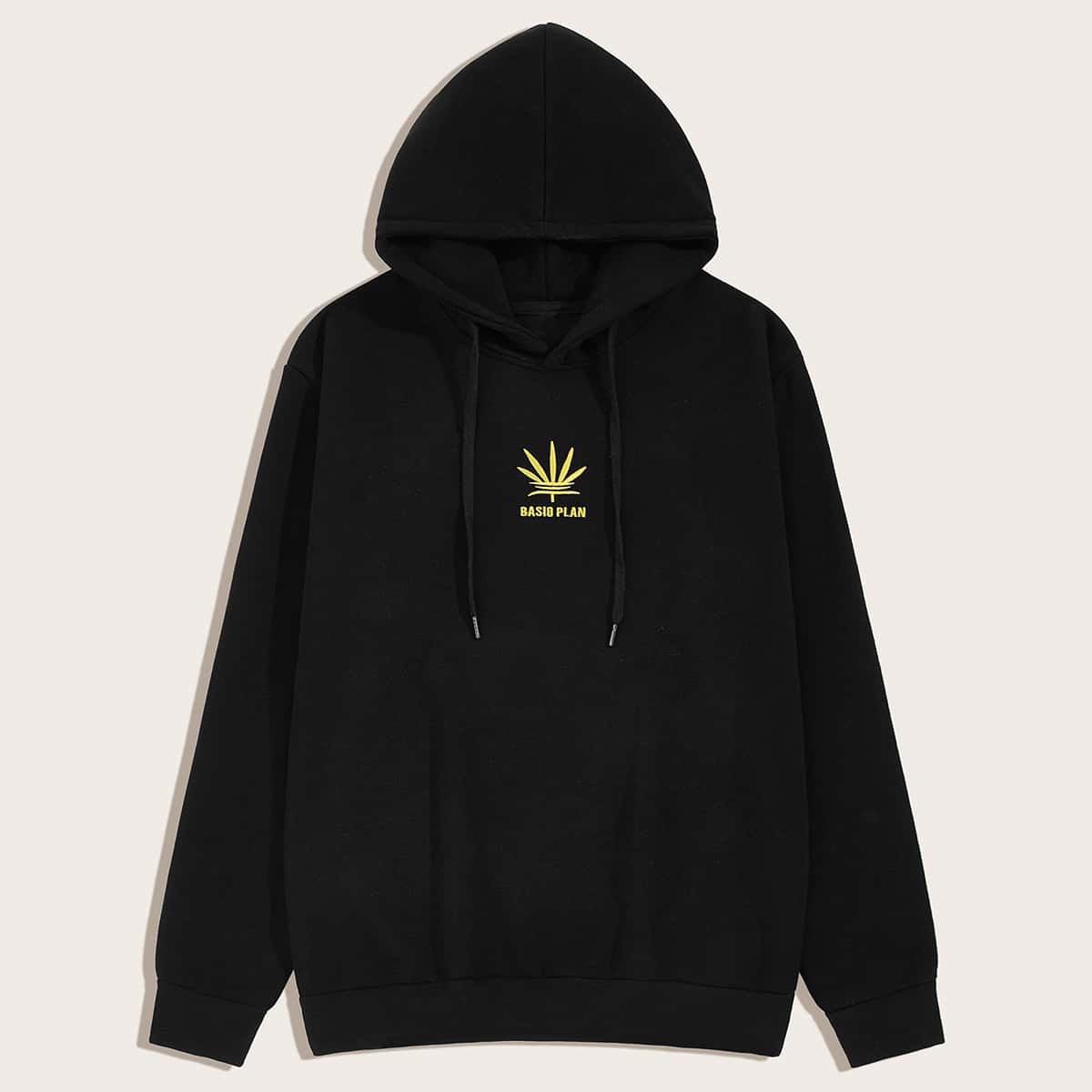 Guys Letter & Plants Print Drawstring Hoodie, Black