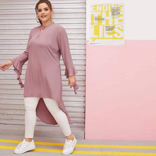 

Plus Choker Neck High Low Longline Blouse, Pink