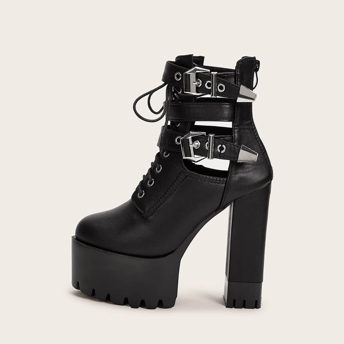 

Double Buckle Decor Platform Chunky Boots, Black