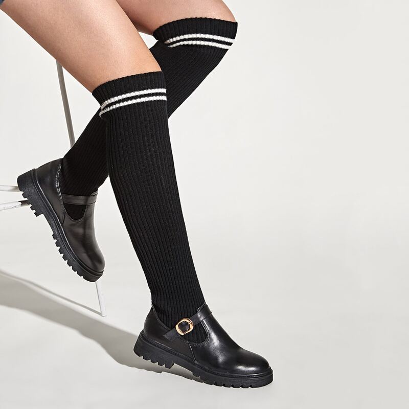 

Striped Buckle Decor Knee High Boots, Black