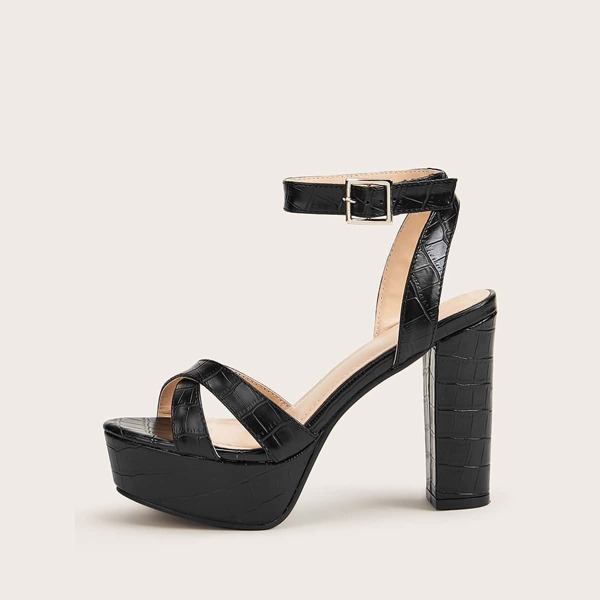 

Croc Embossed Ankle Strap Chunky Heels, Black