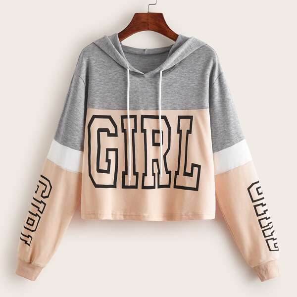 Cut And Sew Letter Graphic Drawstring Hoodie, Multicolor
