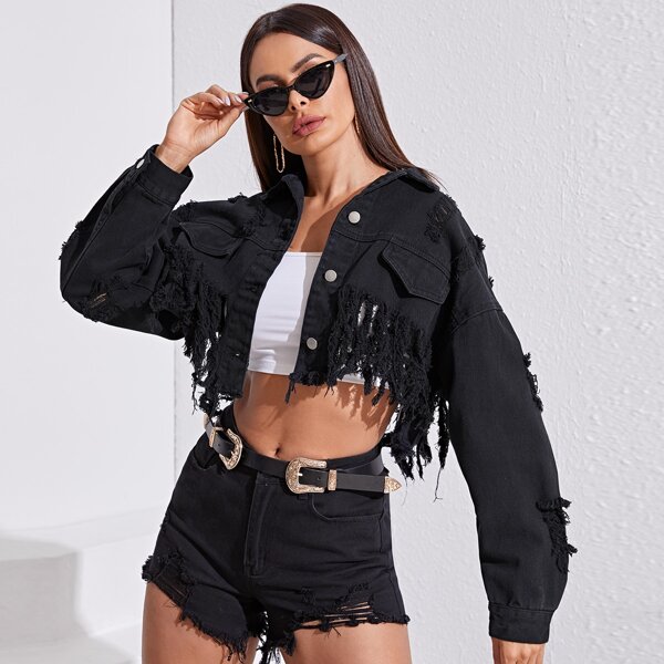 

Distressed Frayed Cropped Denim Jacket, Black