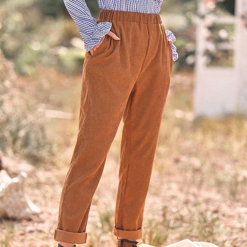 

Corduroy Slant Pocket Elastic Waist Pants, Camel