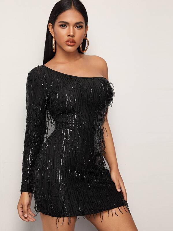 Sequin Overlay One Shoulder Bodycon Dress, Black, Tina