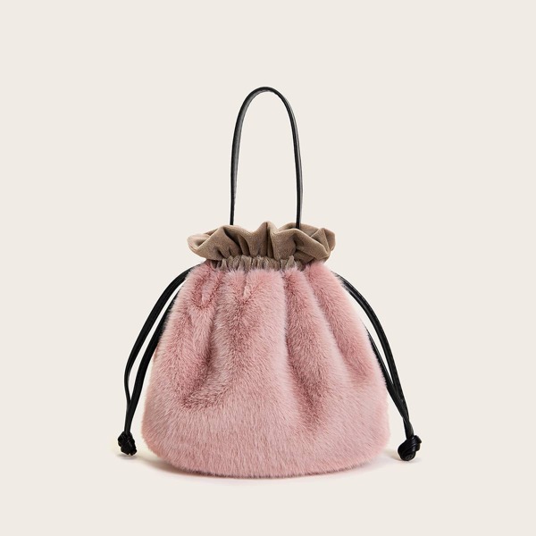 

Faux Fur Fluffy Satchel Bag With Drawstring, Pink