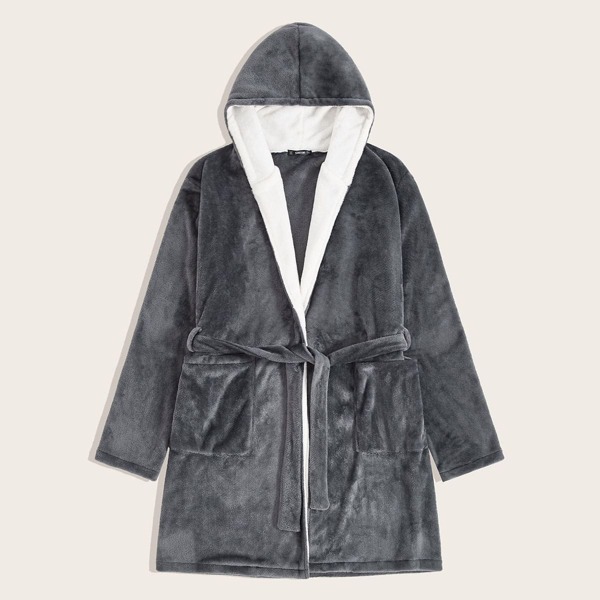 

Men Pocket Patched Belted Flannel Hooded Robe, Grey