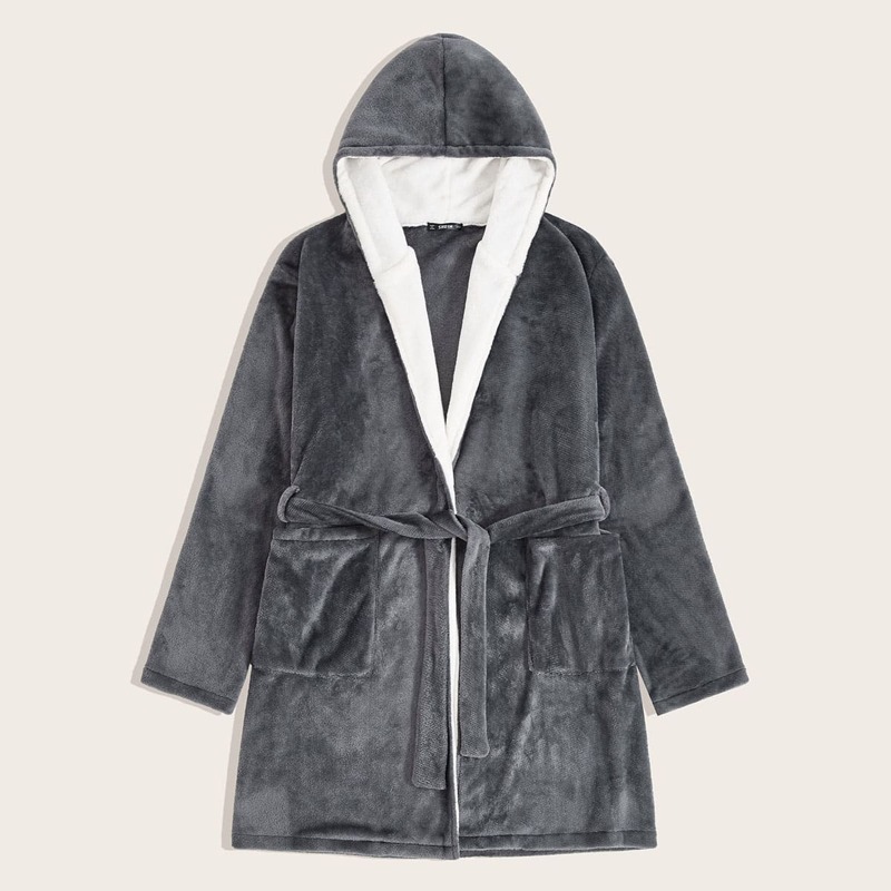 

Guys Pocket Patched Belted Flannel Hooded Robe, Grey