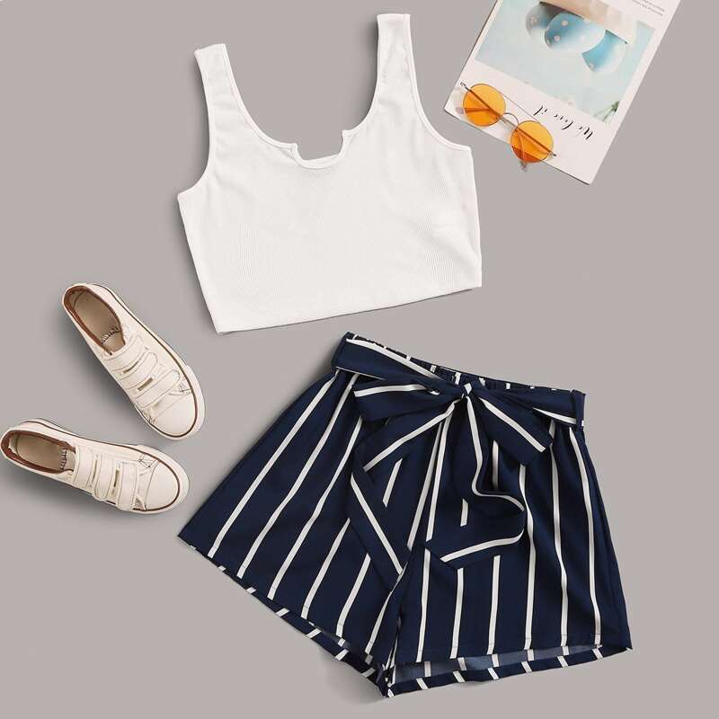 

Rib-knit Crop Tank Top & Striped Belted Shorts Set, Multicolor