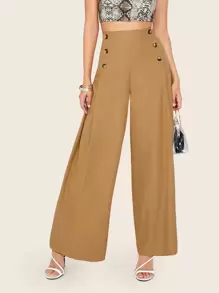 BizChic High Waist Buttoned Front Wide Leg Trousers - Camel - View 3