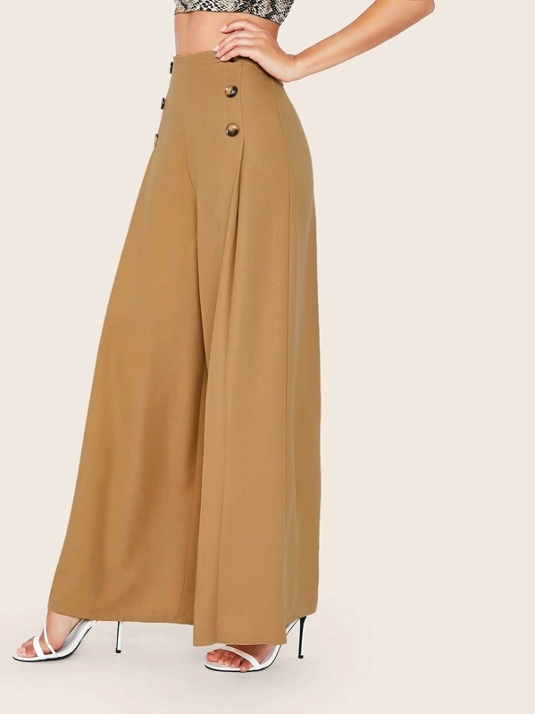 

High Waist Buttoned Front Wide Leg Pants, Camel, Candace