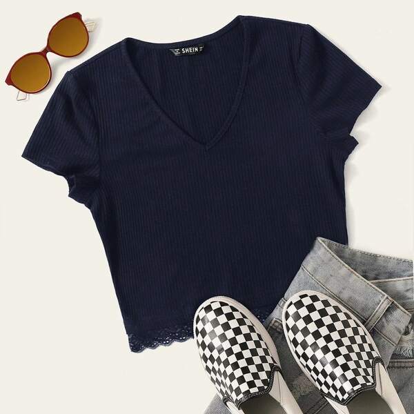 

V-neck Lace Hem Rib-knit Top, Navy